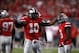 Sep 28, 2013; Columbus, OH, USA; Ohio State Buckeyes linebacker Ryan Shazier (10) pumps up the crowd during the fourth quarter against the Wisconsin Badgers at Ohio Stadium. Buckeyes beat the Badgers 31-24. Mandatory Credit: Raj Mehta-USA TODAY Sports