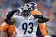 September 9 2012; Denver, CO, USA; Pittsburgh Steelers linebacker Jason Worilds (93) reacts after his sack of Denver Broncos quarterback Peyton Manning (not pictured) during the first quarter at Sports Authority Field. Mandatory Credit: Ron Chenoy-USA TOD