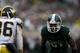 Nov 2, 2013; East Lansing, MI, USA; Michigan State Spartans cornerback Darqueze Dennard (31) looks at Michigan Wolverines wide receiver Jehu Chesson (86) during the third quarter at Spartan Stadium. Spartans beat the Wolverines 29-6. Mandatory Credit: Raj
