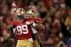 November 19, 2012; San Francisco, CA, USA; San Francisco 49ers outside linebacker Aldon Smith (99) is congratulated by outside linebacker Ahmad Brooks (55) after recording a sack against the Chicago Bears in the third quarter at Candlestick Park. The 49er