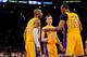 LOS ANGELES, CA - FEBRUARY 22: Dwight Howard #12 of the Los Angeles Lakers speaks with teammates Kobe Bryant #24 and Steve Nash #10 during a game against the Portland Trail Blazers at Staples Center on February 22, 2013 in Los Angeles, California. NOTE TO