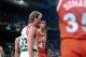 BOSTON - 1987: Brad Daugherty #43 of the Cleveland Cavaliers stands next to Larry Bird #33 of the Boston Celtics during a game played in 1987 at the Boston Garden in Boston, Massachusetts. NOTE TO USER: User expressly acknowledges and agrees that, by dow