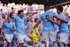 MANCHESTER, ENGLAND - SEPTEMBER 22: Sergio Aguero of Manchester City (L) celebrates with Alvaro Negredo (9) and Samir Nasri (8) as he scores their third goal during the Barclays Premier League match between Manchester City and Manchester United at the Et