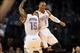 Nov 6, 2013; Oklahoma City, OK, USA; Oklahoma City Thunder point guard Russell Westbrook (0) celebrates with point guard Reggie Jackson (15) after a made basket against the Dallas Mavericks during the second quarterat Chesapeake Energy Arena. Mandatory Cr