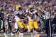 Sep 7, 2013; Baton Rouge, LA, USA; LSU Tigers wide receiver Odell Beckham (3) is congratulated by wide receiver Jarvis Landry (80) after scoring a touchdown against the UAB Blazers during the first quarter at Tiger Stadium. Mandatory Credit: Crystal LoGiu