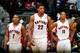 ATLANTA, GA - NOVEMBER 01: Rudy Gay #22, Kyle Lowry #7 and DeMar DeRozan #10 of the Toronto Raptors react in the final seconds of their 102-95 loss to the Atlanta Hawks at Philips Arena on November 1, 2013 in Atlanta, Georgia. NOTE TO USER: User express