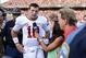 Sep 14, 2013; College Station, TX, USA; Alabama Crimson Tide quarterback AJ McCarron (10) is interviewed against the Texas A&M Aggies after the game at Kyle Field. Alabama Crimson Tide beat the Texas A&M Aggies 49-42. Mandatory Credit: Thomas Campbell-USA