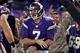 Nov 7, 2013; Minneapolis, MN, USA; Minnesota Vikings quarterback Christian Ponder (7) holds his arm after nearly scoring against the Washington Redskins in the third quarter at Mall of America Field at H.H.H. Metrodome. Ponder did not return.The Vikings w