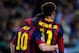 BARCELONA, SPAIN - NOVEMBER 06: Lionel Messi of FC Barcelona celebrates with his team-mate Neymar of FC Barcelona after scoring the opening goal during the UEFA Champions League Group H match between FC Barcelona and AC Milan at Camp Nou on November 6, 2