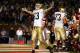 PALO ALTO, CA - NOVEMBER 26: Jeff Samardzija #83 of Notre Dame celebrates Darius Walker's game winning touchdown against Stanford during a game at Stanford University on November 26, 2005 in Stanford Stadium in Palo Alto, California. (Photo by Jed Jacob
