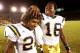 PALO ALTO, CA - OCTOBER 29: Maurice Drew #21 of the UCLA Bruins is congratulated by teammate Matthew Slater #18 after the Bruins defeated the Stanford Cardinal 30-27 in overtime on October 29, 2005 at Stanford Stadium in Palo Alto, California. (Photo by