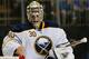 NEW YORK, NY - OCTOBER 31: Goalie Ryan Miller #30 of the Buffalo Sabres bangs his fist on the goal after giving up a goal to the New York Rangers during the second period of an NHL hockey game at Madison Square Garden on October 31, 2013 in New York City.