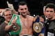 NEW YORK - JUNE 05: Vanes Martirosyan (C) celebrates defeating Joe Green with his trainer Freddie Roach (L) after the NABF & NABO super welterweight fight on June 5, 2010 at Yankee Stadium in the Bronx borough of New York City. Matirosyan wins by unanimo