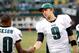 Nov 3, 2013; Oakland, CA, USA; Philadelphia Eagles quarterback Nick Foles (9) shakes hands with wide receiver DeSean Jackson (10) during the final minutes of the game Oakland Raiders at O.co Coliseum. The Eagles won 49-20. Mandatory Credit: Bob Stanton-US