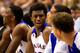 LAWRENCE, KS - NOVEMBER 08: Andrew Wiggins #22 of the Kansas Jayhawks reacts on the bench during the game against the Louisiana Monroe Warhawks at Allen Fieldhouse on November 8, 2013 in Lawrence, Kansas. (Photo by Jamie Squire/Getty Images)