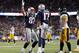 FOXBORO, MA - NOVEMBER 3: Aaron Dobson #17 of the New England Patriots celebrates his touchdown with Rob Gronkowski #87 as Troy Polamalu #43 of the Pittsburgh Steelers walks by during the 2nd half in the 2nd half at Gillette Stadium on November 3, 2013 in