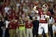 Oct 19, 2013; Tuscaloosa, AL, USA; Alabama Crimson Tide quarterback A.J. McCarron (10) passes against the Arkansas Razorbacks during the first quarter at Bryant-Denny Stadium. Mandatory Credit: John David Mercer-USA TODAY Sports