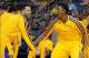 Oct 8, 2013; Ontario, CA, USA; Los Angeles Lakers guards Jordan Farmar (left) and Nick Young react before the game against the Denver Nuggets at Citizens Business Bank Arena. The Lakers defeated the Nuggest 90-88. Mandatory Credit: Kirby Lee-USA TODAY Spo