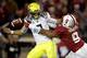 PALO ALTO, CA - NOVEMBER 07: Marcus Mariota #8 of the Oregon Ducks fumbles the ball when pressured by James Vaughters #9 of the Stanford Cardinal in the fourth period at Stanford Stadium on November 7, 2013 in Palo Alto, California. (Photo by Ezra Shaw/