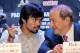 Sept 19, 2012; New York, NY, USA; Manny Pacquaio speaks with promoter Bob Arum during the press conference announcing his fourth fight against Juan Manuel Marquez at The Edison Ballroom. Mandatory Credit: Ed Mulholland-USA TODAY Sports