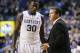 Nov 4, 2013; Lexington, KY, USA; Kentucky Wildcats head coach John Calipari gives instructions to forward Julius Randle (30) during the game against the Montevallo Falcons at Rupp Arena. Kentucky defeated Montevallo 95-72. Mandatory Credit: Mark Zerof-USA