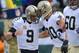 EAST RUTHERFORD, NJ - NOVEMBER 3: Quarterback Drew Brees #9 of the New Orleans Saints celebrates with tight end Jimmy Graham #80 of the New Orleans Saints after his touchdown catch in the 1st quarter against the New York Jets at MetLife Stadium on Novemb