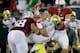 PALO ALTO, CA - NOVEMBER 07: Marcus Mariota #8 of the Oregon Ducks fumbles the ball as he is tackled by David Parry #58, A.J. Tarpley #17 and Jarek Lancaster #35 of the Stanford Cardinal at Stanford Stadium on November 7, 2013 in Palo Alto, California.