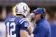 INDIANAPOLIS, IN - NOVEMBER 04: Andrew Luck #12 of the Indianapolis Colts talks with interim coach Bruce Arians after a timeout against the Miami Dolphins during the game at Lucas Oil Stadium on November 4, 2012 in Indianapolis, Indiana. The Colts won 23-