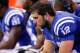 INDIANAPOLIS, IN - NOVEMBER 10: Andrew Luck #12 of the Indianapolis Colts sits on the bench during the game against the St. Louis Rams at Lucas Oil Stadium on November 10, 2013 in Indianapolis, Indiana. St Louis defeated Indianapolis 38-8. (Photo by Micha