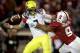 PALO ALTO, CA - NOVEMBER 07: Marcus Mariota #8 of the Oregon Ducks fumbles the ball when pressured by James Vaughters #9 of the Stanford Cardinal in the fourth period at Stanford Stadium on November 7, 2013 in Palo Alto, California. (Photo by Ezra Shaw/