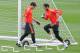 MADRID, SPAIN - OCTOBER 22: Iker Casillas (L) and Diego Lopez during a training session ahead of their UEFA Champions League Group B match against Juventus, at Valdebebas training ground on October 22, 2013 in Madrid, Spain. (Photo by Denis Doyle/Getty I