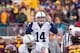 Nov 9, 2013; Minneapolis, MN, USA; Penn State Nittany Lions quarterback Christian Hackenberg (14) signals his team in the fourth quarter against the Minnesota Gophers at TCF Bank Stadium. Minnesota wins 24-10. Mandatory Credit: Brad Rempel-USA TODAY Sport