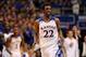 Nov 8, 2013; Lawrence, KS, USA; Kansas Jayhawks guard Andrew Wiggins (22) celebrates after scoring during the second half of the game against the Louisiana Monroe Warhawks at Allen Fieldhouse. Kansas won 80 - 63. Mandatory Credit: Denny Medley-USA TODAY S