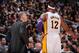 LOS ANGELES, CA - DECEMBER 2: Head Coach Mike D'Antoni and Dwight Howard #12 Chat on the sidelines during a game at Staples Center on December 2, 2012 in Los Angeles, California. NOTE TO USER: User expressly acknowledges and agrees that, by downloading an