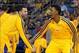Oct 8, 2013; Ontario, CA, USA; Los Angeles Lakers guards Jordan Farmar (left) and Nick Young react before the game against the Denver Nuggets at Citizens Business Bank Arena. The Lakers defeated the Nuggest 90-88. Mandatory Credit: Kirby Lee-USA TODAY Spo