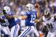 INDIANAPOLIS, IN - NOVEMBER 10: Andrew Luck #12 of the Indianapolis Colts throws a pass during the game against the St. Louis Rams at Lucas Oil Stadium on November 10, 2013 in Indianapolis, Indiana. (Photo by Andy Lyons/Getty Images)