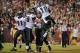 Sep 9, 2013; Landover, MD, USA; Philadelphia Eagles wide receiver DeSean Jackson (10) leaps onto quarterback Michael Vick (7) after Vick scores a touchdown against the Washington Redskins in the second quarter at FedEx Field. Mandatory Credit: Geoff Burke