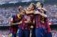 BARCELONA, SPAIN - OCTOBER 26: Neymar (C) of FC Barcelona celebrates with his team-mates after scoring the opening goal during the La Liga match between FC Barcelona and Real Madrid CF at Camp Nou on October 26, 2013 in Barcelona, Spain. (Photo by David