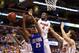 December 29, 2012; Sunrise, FL, USA; Florida Gators center Patric Young (4) blocks a shot by Air Force Falcons guard Kyle Green (25) during the second half of the Orange Bowl Basketball Classic held at the BB&T Center. Florida defeated Air Force 78-61. Ma