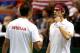BOISE, ID - APRIL 06: Nenad Zimonjic of Serbia and Ilija Bozoljac of Serbia celebrate a point against Mike and Bob Bryan in the third rubber during the Davis Cup tie between the United States and Serbia at Taco Bell Arena on April 6, 2013 in Boise, Idaho.