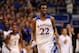 Nov 8, 2013; Lawrence, KS, USA; Kansas Jayhawks guard Andrew Wiggins (22) celebrates after scoring during the second half of the game against the Louisiana Monroe Warhawks at Allen Fieldhouse. Kansas won 80 - 63. Mandatory Credit: Denny Medley-USA TODAY S