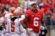 COLUMBUS, OH - SEPTEMBER 21: Evan Spencer #6 of the Ohio State Buckeyes celebrates a first quarter touchdown catch against the Florida A&M Rattlers at Ohio Stadium on September 21, 2013 in Columbus, Ohio. (Photo by Jamie Sabau/Getty Images)