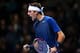 LONDON, ENGLAND - NOVEMBER 07: Juan Martin Del Potro of Argentina celebrates a point in his men's singles match against Novak Djokovic of Serbia during day four of the Barclays ATP World Tour Finals at O2 Arena on November 7, 2013 in London, England. (P