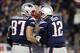 Nov 3, 2013; Foxborough, MA, USA; New England Patriots quarterback Tom Brady (12) and tight end Rob Gronkowski (87) react after a touchdown against the Pittsburgh Steelers in the second quarter at Gillette Stadium. Mandatory Credit: David Butler II-USA TO