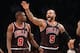 NEW YORK, NY - APRIL 04: Luol Deng #9 and Carlos Boozer #5 of the Chicago Bulls play against the Brooklyn Nets at the Barclays Center on April 4, 2013 in New York City. NOTE TO USER: User expressly acknowledges and agrees that, by downloading and/or using