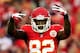 KANSAS CITY, MO - OCTOBER 20: Wide receiver Dwayne Bowe #82 of the Kansas City Chiefs holds up 7 fingers as the Chiefs defeat the Houston Texans 17-16 to win the game and advance to a 7-0 record at Arrowhead Stadium on October 20, 2013 in Kansas City, Mi