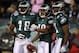 PHILADELPHIA - DECEMBER 27 : DeSean Jackson #10 of the Philadelphia Eagles celebrates with teammates Jeremy Maclin #18 and Jason Avant #81 after scoring a touchdown in the first quarter againt the Denver Broncos at Lincoln Financial Field on December 27,