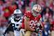 SAN FRANCISCO, CA - NOVEMBER 10: Vance McDonald #89 of the San Francisco 49ers drops a pass while defended by Luke Kuechly #59 of the Carolina Panthers at Candlestick Park on November 10, 2013 in San Francisco, California. (Photo by Ezra Shaw/Getty Imag