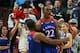 Nov 12, 2013; Chicago, IL, USA; Kansas Jayhawks guard Andrew Wiggins (22) is congratulated for scoring by guard Wayne Selden, Jr. (1) in the second half against the Duke Blue Devils at United Center. Kansas won 94-83. Mandatory Credit: Dennis Wierzbicki-U