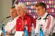 L'VIV, UKRAINE - JUNE 12: In this handout image provided by UEFA, (L-R) Lars Jacobsen, Morten Olsen the coach of Denmark and Nicklas Bendtner face the media during a UEFA EURO 2012 press conference at the Arena Lviv on June 12, 2012 in Lviv, Ukraine. (P